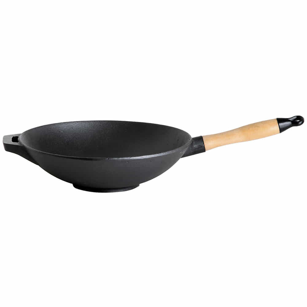 Wok aus Gusseisen mit Holzgriff, Durchmesser 30cm