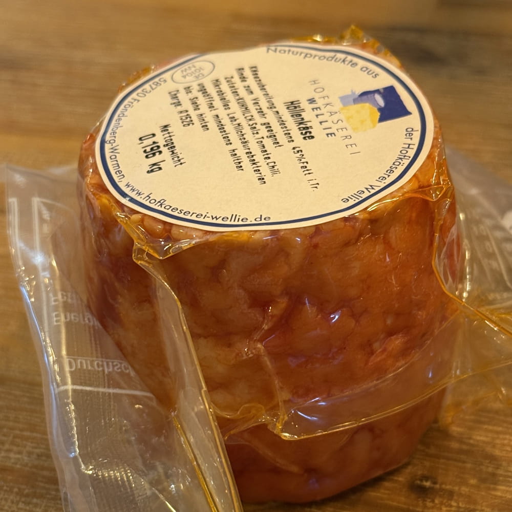 Höllenkäse Mini Käse 190g Hofkäserei Wellie Höllenkäse mit Chili - mini Käse mit essbarer Naturrinde ca. 190g