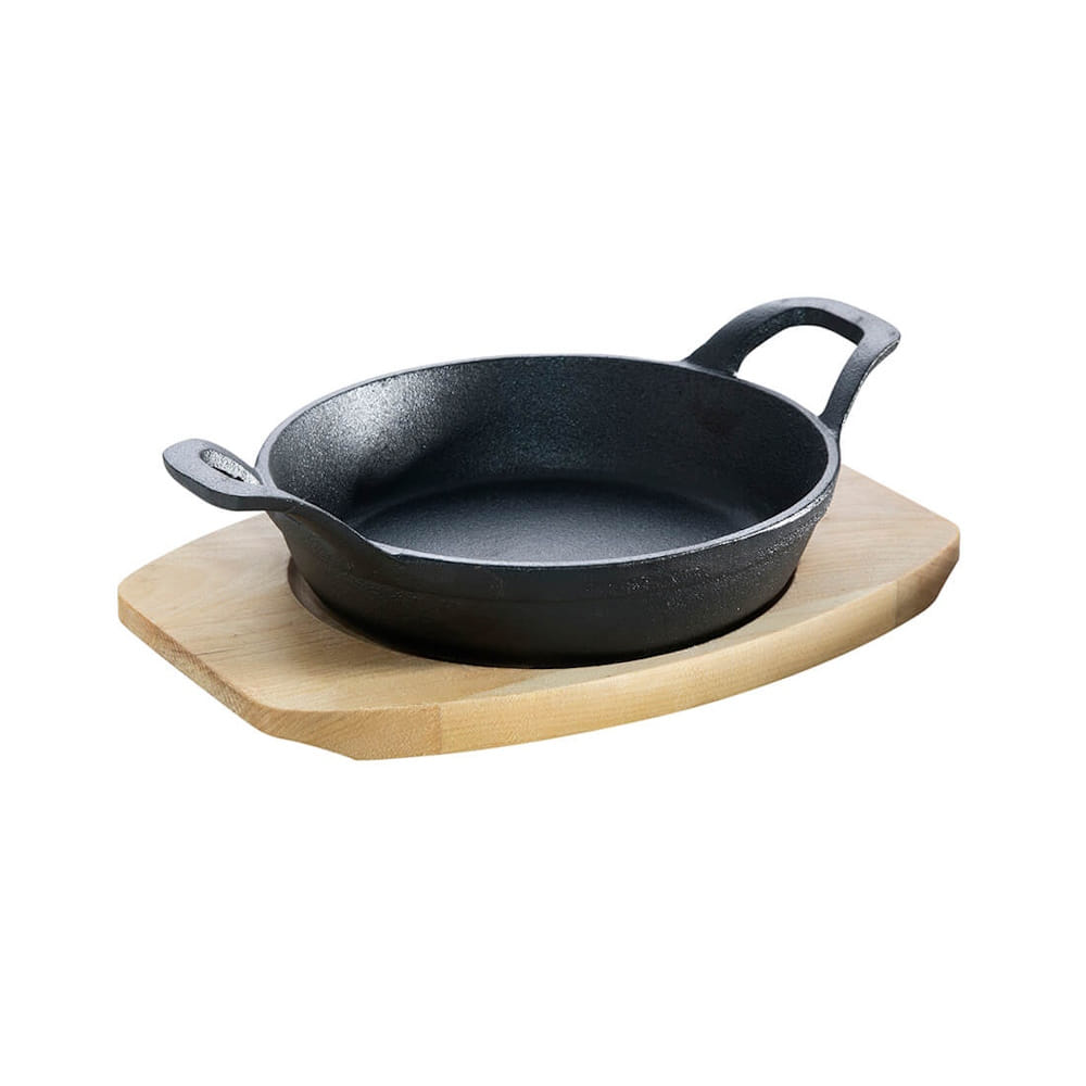 Gusseisenpfännchen mit 2 Griffen Ø 12 cm und Holzuntersetzer